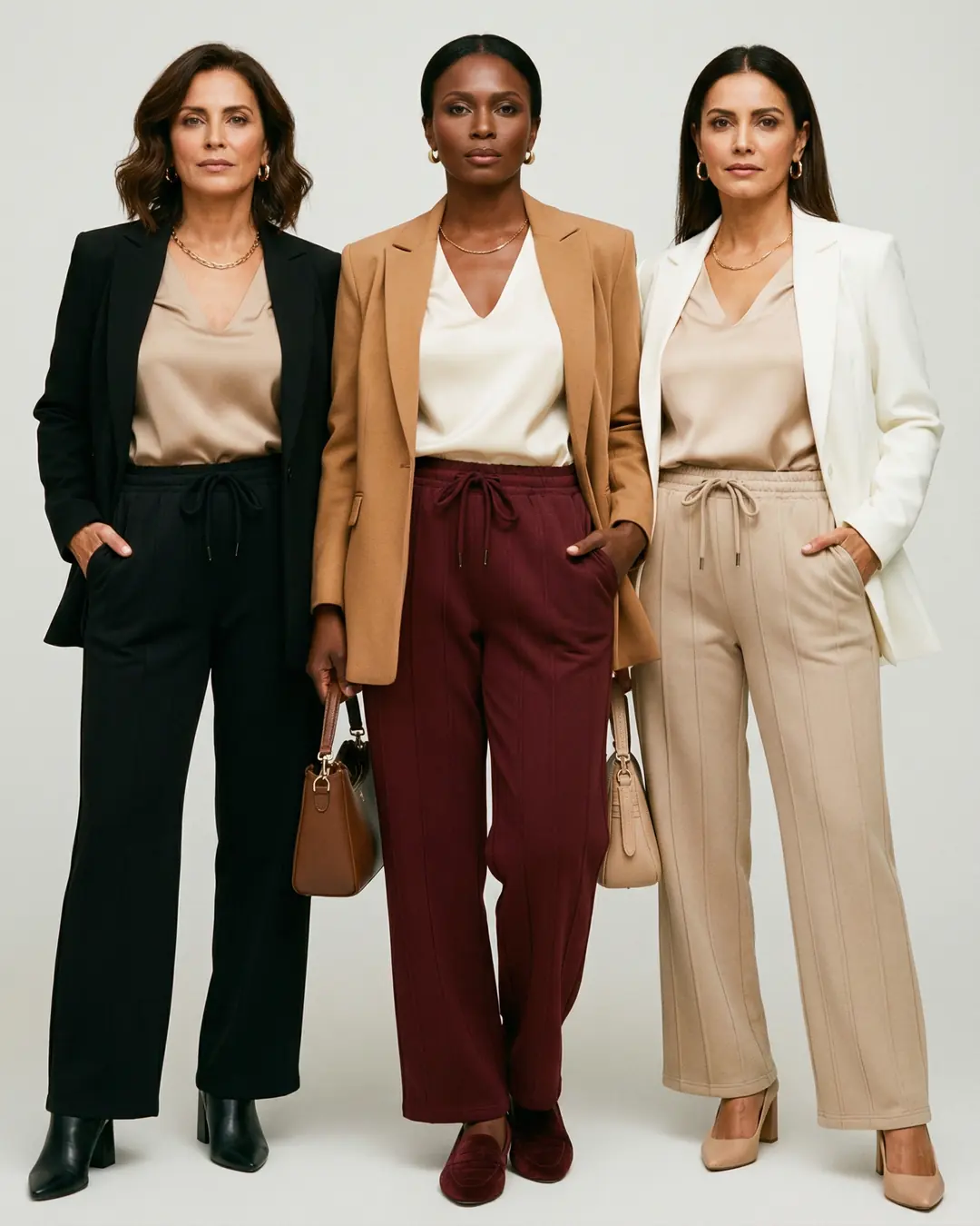 Tres mujeres con el Pantalón Paris en negro, vinotinto y camel